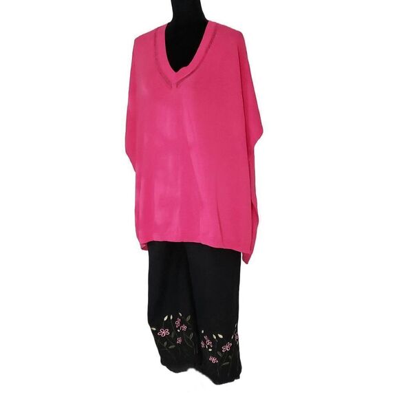 Larry Levine Sport Black Linen Blend Pink Embroidery Capri Pants Slacks Size 14 - Picture 8 of 10